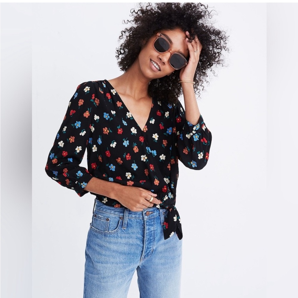 Madewell Wrap Top in Pressed Flowers Manet True Black EUC XS